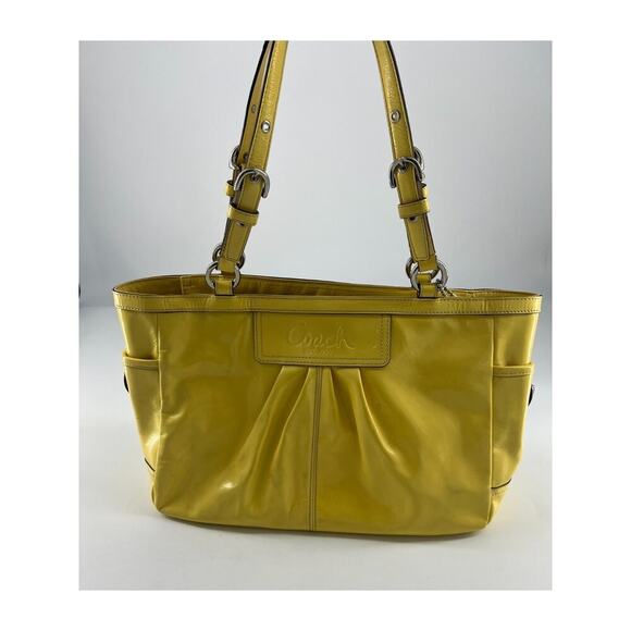 Coach Purse Canary Yellow Patent Leather Tote Shoulder Bag Designer Authentic - Picture 2 of 12
